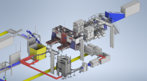 Automated food manufacturing production line with industrial processing equipment in a modern factory.