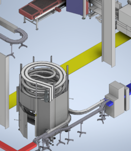 Automated food manufacturing production line with industrial processing equipment in a modern factory.